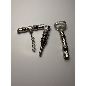 Vintage Pier 1 Pewter Tree Bark Set With Corkscrew, Bottle Opener Wine Stopper